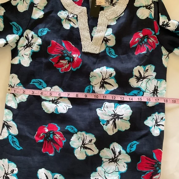 Talbots 100% Linen Beaded Neckline Navy Hibiscus Tropical Floral Tunic Dress XS - Picture 12 of 15